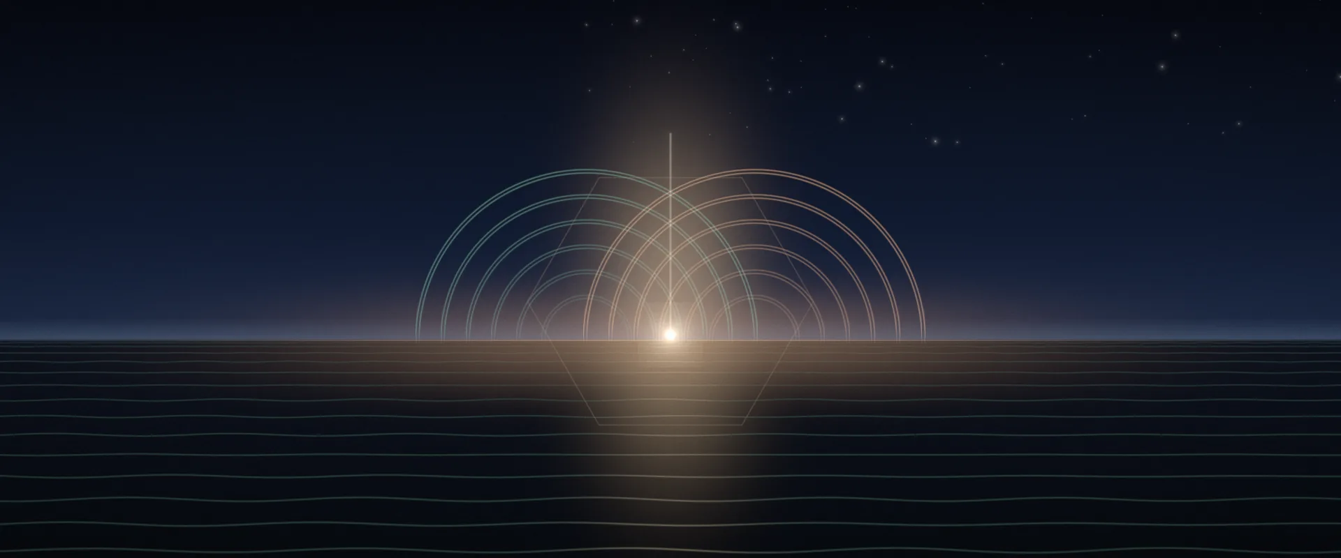 Two domes of fine glowing lines, one pale green and one apricot, rising from a calm night horizon and overlapping, with a single warm light and a thin beam rising between them.