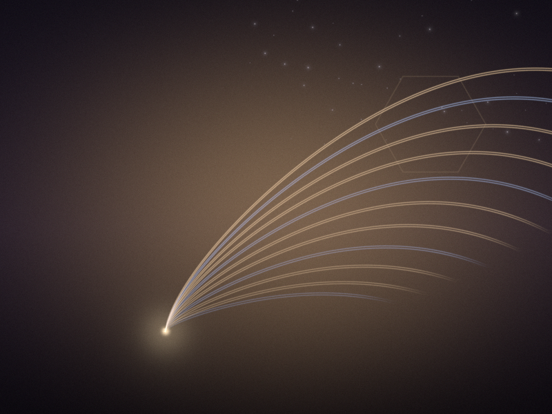 A fan of fine apricot and pale blue curves sweeping up from a small light low on the left, like pages turning, on a deep plum night ground.