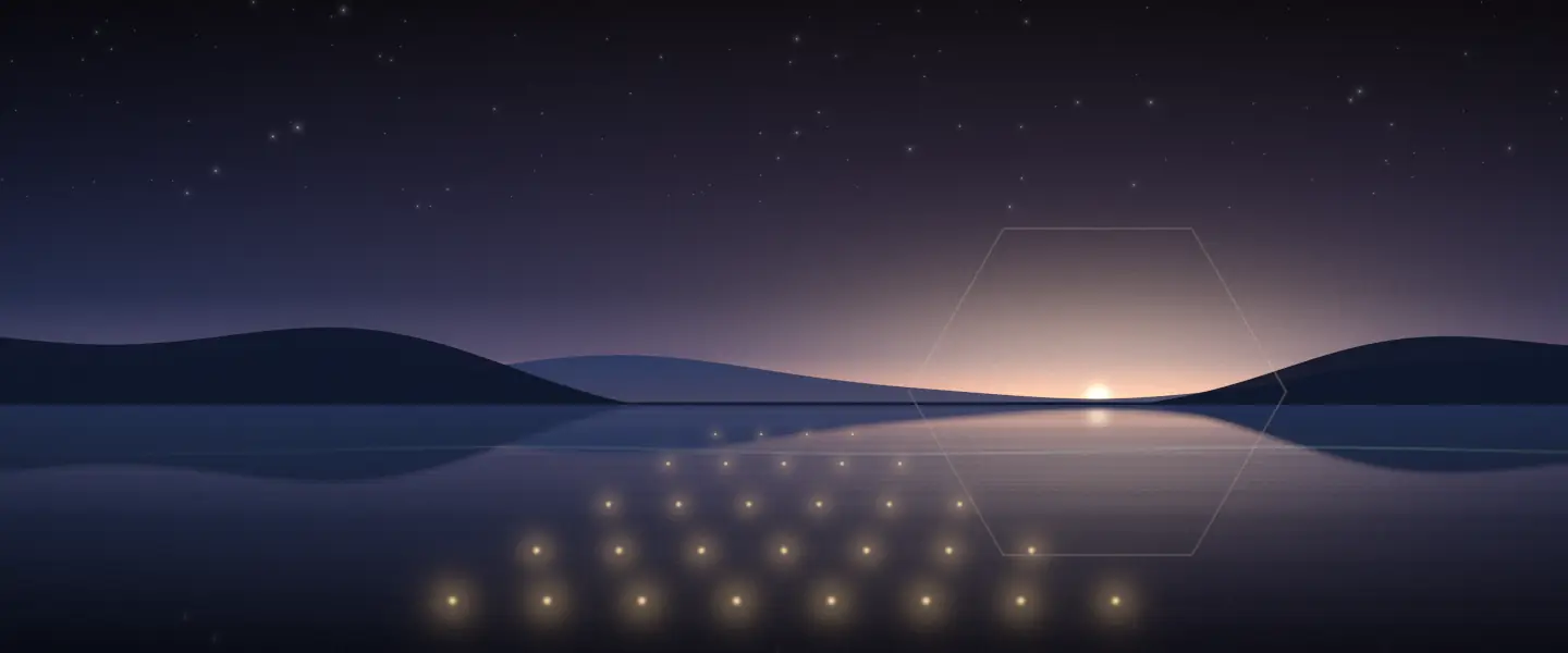 Dawn over a still lake, with thirty small lights on the shore and a faint hexagon around the rising sun.