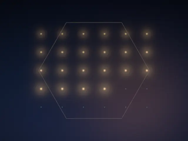 Thirty small lights in a grid, most of them lit.