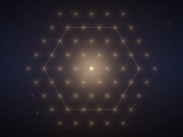 A hexagonal pattern of small lights around one larger light.