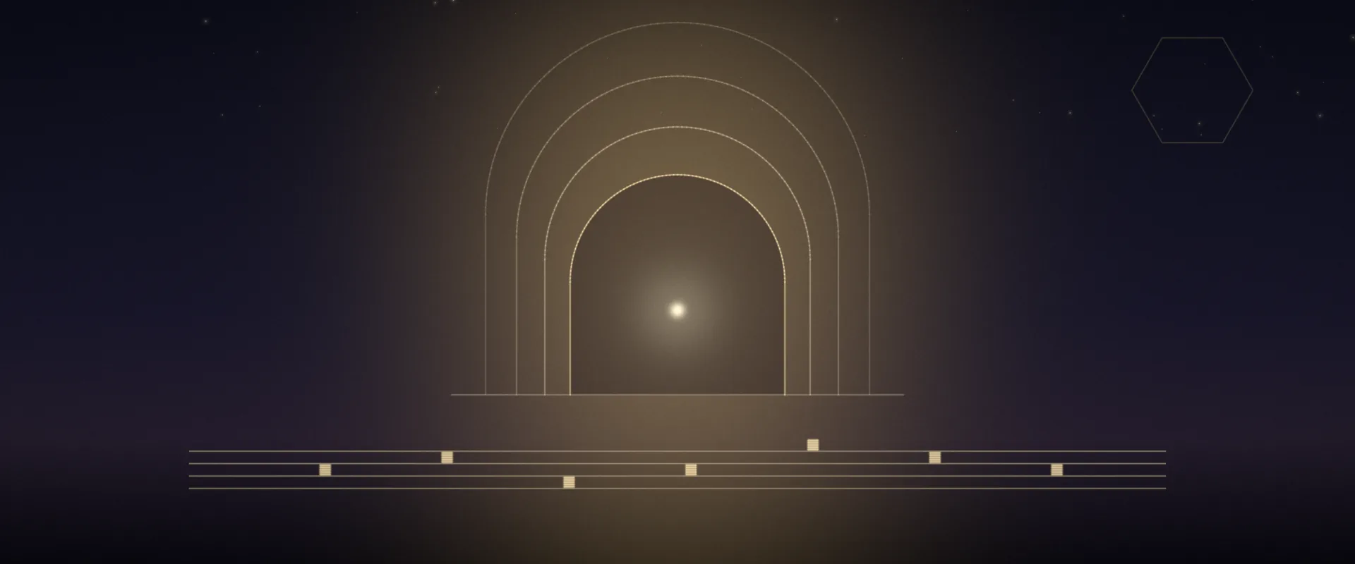 A round-headed stone arch at dusk glowing with warm candlelight, a small flame inside it, and below a four-line chant staff with a few square notes, on a deep indigo ground.