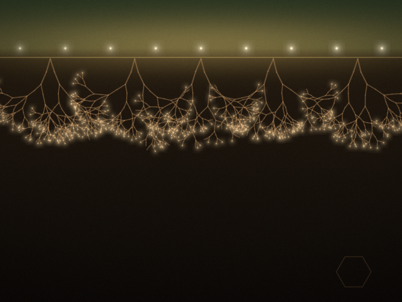 Fine golden root lines branching down into dark brown earth from a softly lit surface, with a row of small warm lights along the top.