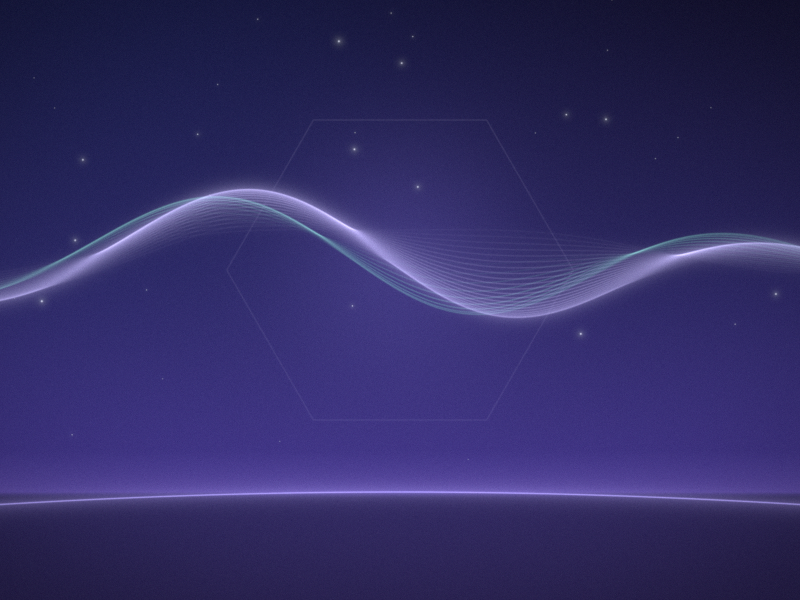 A luminous lilac and aqua ribbon of fine lines drifting in a starry indigo sky above the soft violet curve of a distant horizon.