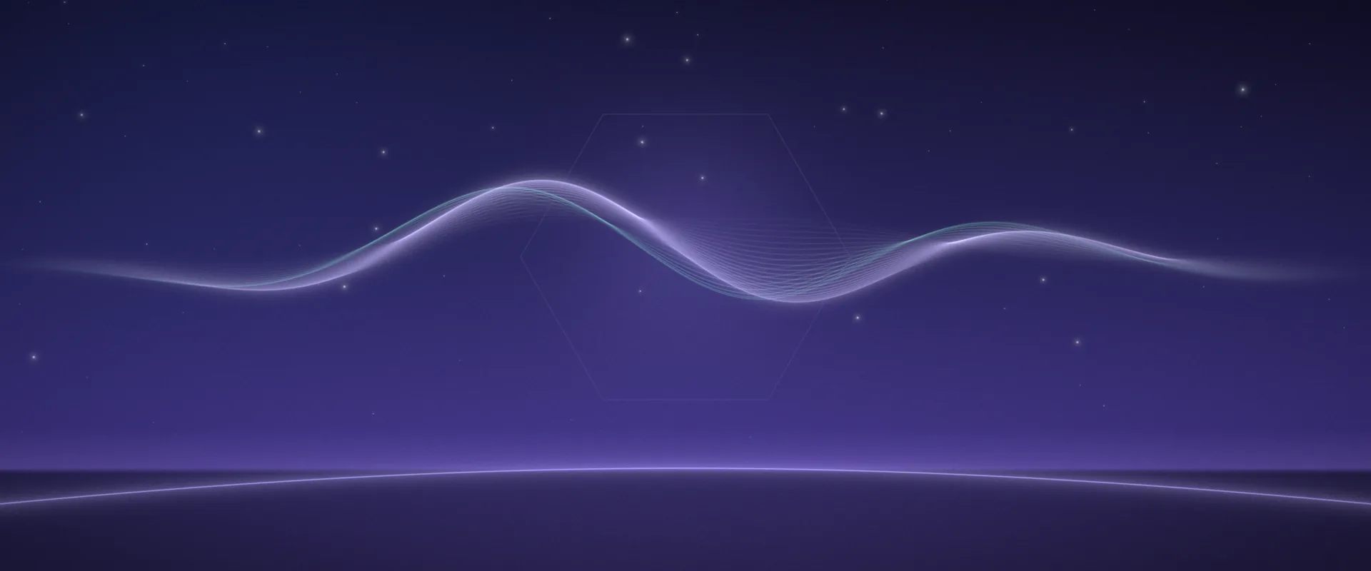 A luminous lilac and aqua ribbon of fine lines drifting in a starry indigo sky above the soft violet curve of a distant horizon.
