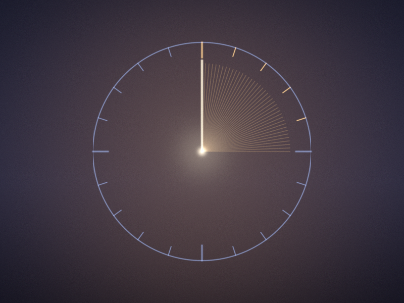 A round dial with twenty ticks and a hand at twelve, its first span lit in gold, for a twenty-minute break.