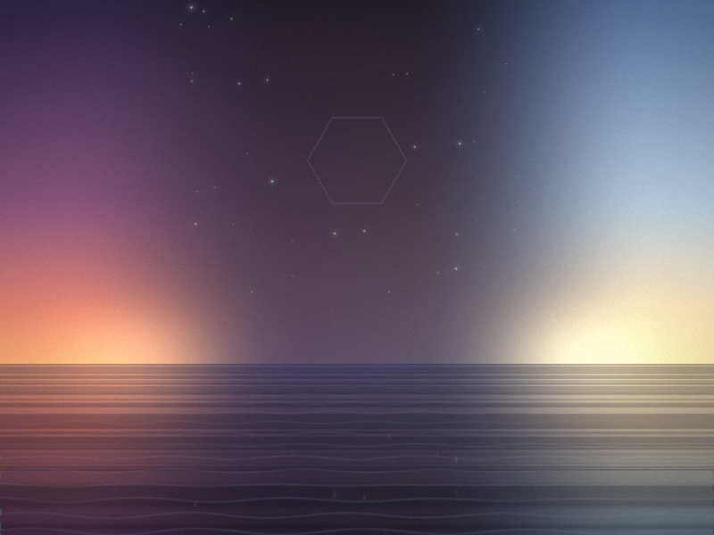 A panoramic sky that shifts from a rose-orange sunset on the left through a starry night band to a pale golden sunrise on the right, mirrored in calm water.