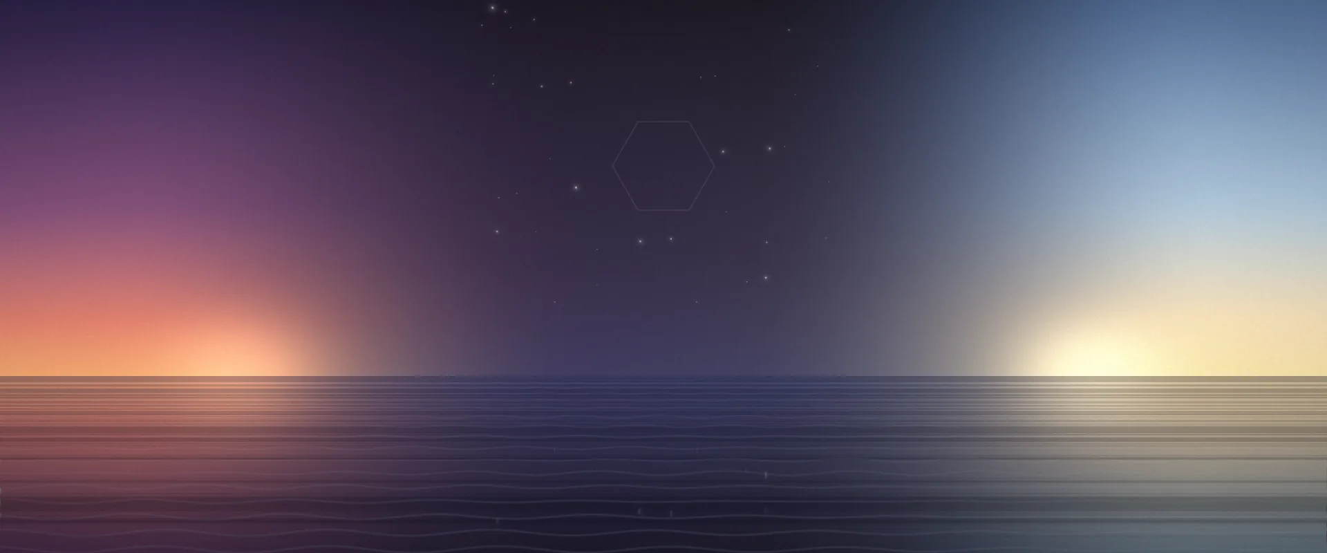 A panoramic sky that shifts from a rose-orange sunset on the left through a starry night band to a pale golden sunrise on the right, mirrored in calm water.