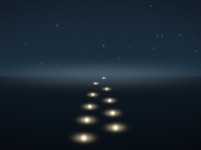 Ten warm stepping stones lit one by one, left then right, along a path leading to the horizon.