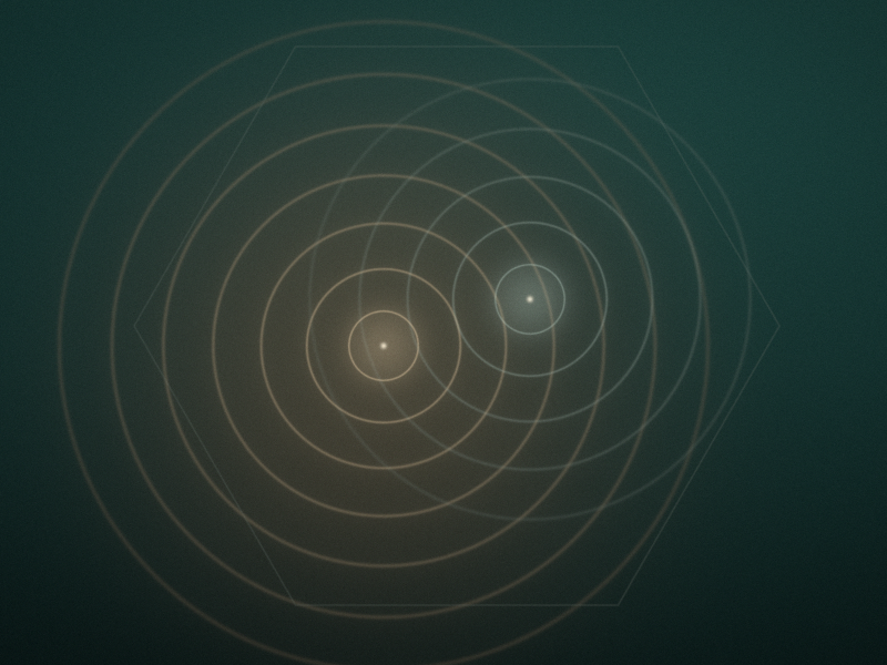 Concentric ripples spreading across a dark, still pond lit by warm amber light, two gentle ripple patterns overlapping.
