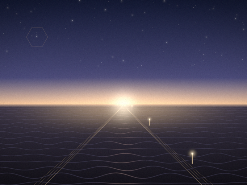 A path drawn in fine lines leading to a glowing peach horizon under a dusky blue sky, with three small lit markers along its edge.
