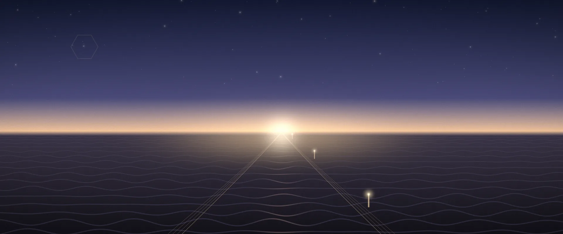 A path drawn in fine lines leading to a glowing peach horizon under a dusky blue sky, with three small lit markers along its edge.