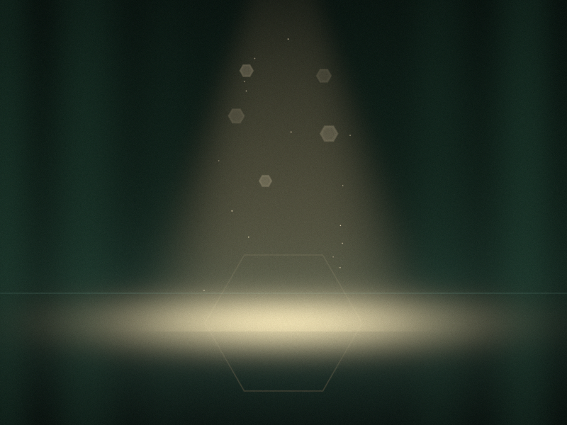 A single warm spotlight falling onto an empty dark stage framed by deep green curtain folds, with soft dust particles in the beam.