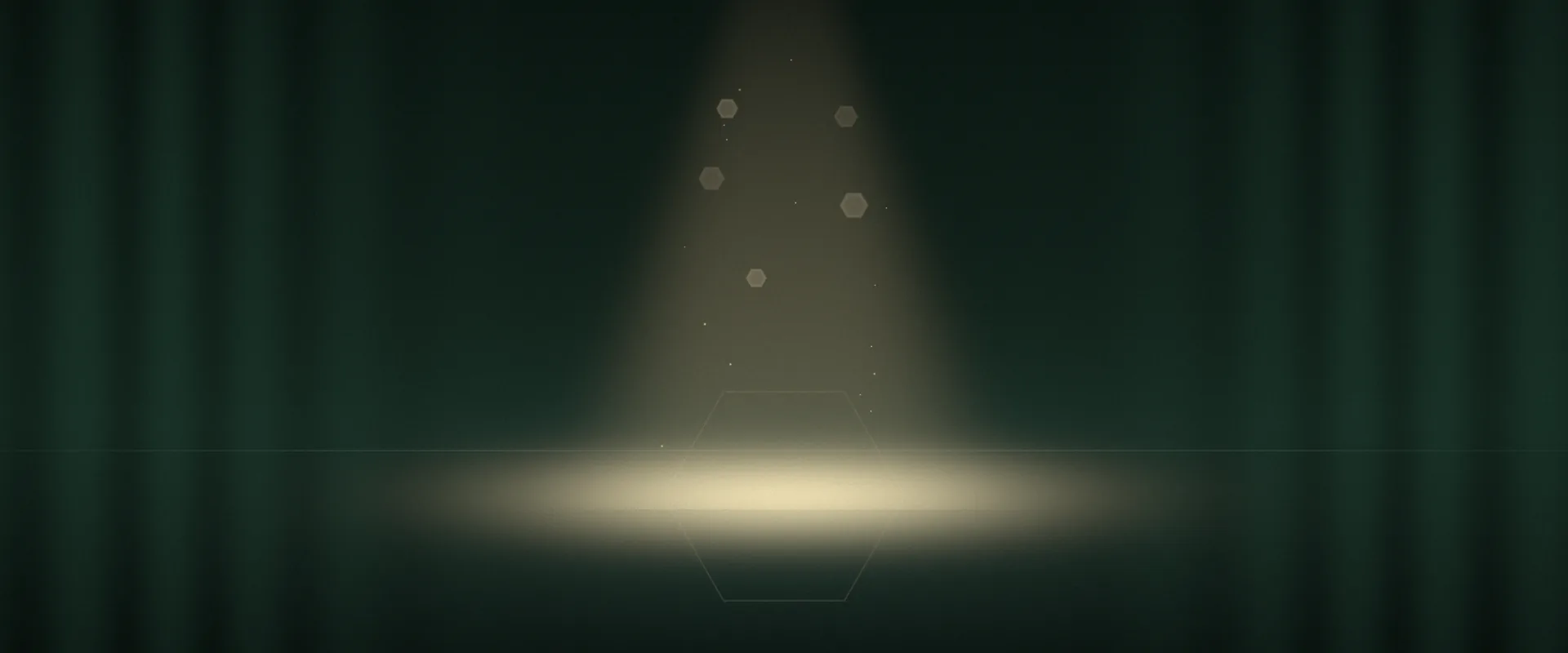 A single warm spotlight falling onto an empty dark stage framed by deep green curtain folds, with soft dust particles in the beam.