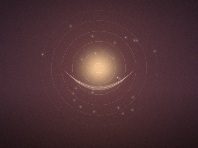 A small glowing warm light held in a softly drawn cupped hand on a deep rose-plum background, with faint rings and tiny sparkles around it.