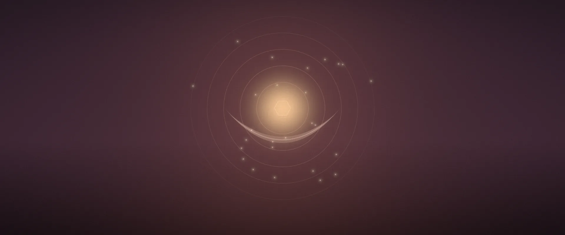 A small glowing warm light held in a softly drawn cupped hand on a deep rose-plum background, with faint rings and tiny sparkles around it.