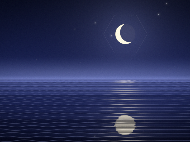 A pale crescent moon in a deep blue starry sky above calm water; in the rippled reflection below, the moon appears full.