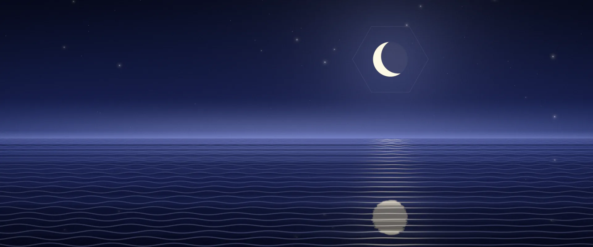 A pale crescent moon in a deep blue starry sky above calm water; in the rippled reflection below, the moon appears full.