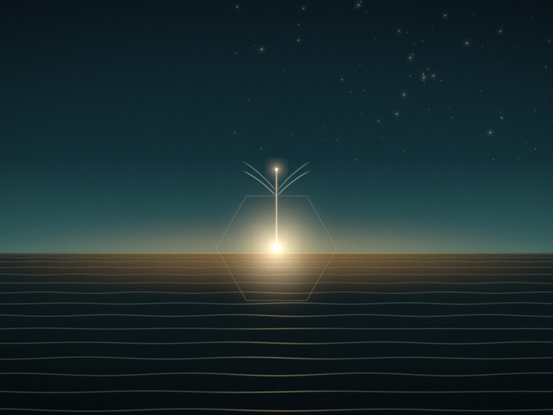 A single warm point of light on the horizon of a level teal plain at dusk, with a thin line rising from it and two small curved leaves, and fine level lines running toward it.