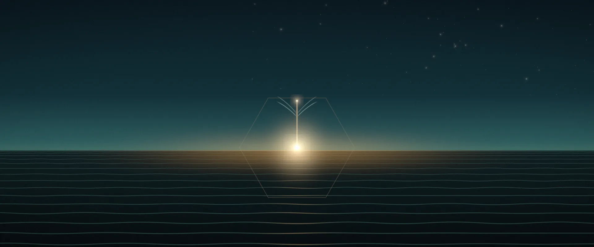 A single warm point of light on the horizon of a level teal plain at dusk, with a thin line rising from it and two small curved leaves, and fine level lines running toward it.