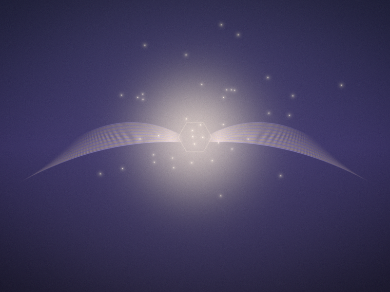 A soft white-gold light in a violet night sky, with fine pale lines fanning out on both sides like wings and small specks of light around it.