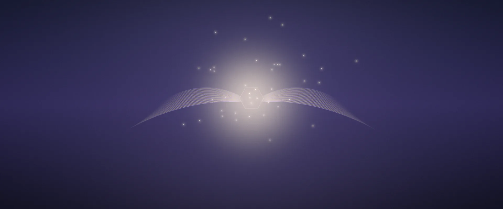 A soft white-gold light in a violet night sky, with fine pale lines fanning out on both sides like wings and small specks of light around it.