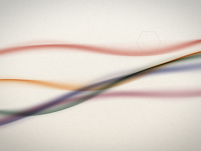 Flowing ribbons of coral, saffron, green, indigo and rose fine lines sweeping across a warm cream paper background.