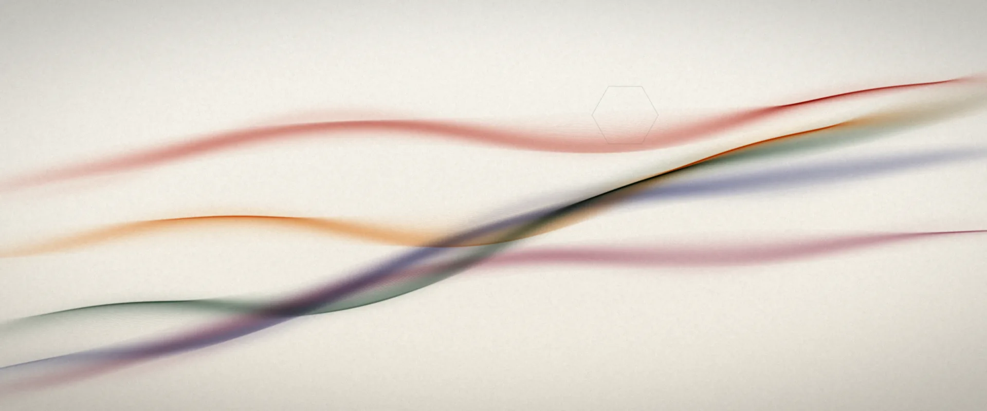 Flowing ribbons of coral, saffron, green, indigo and rose fine lines sweeping across a warm cream paper background.