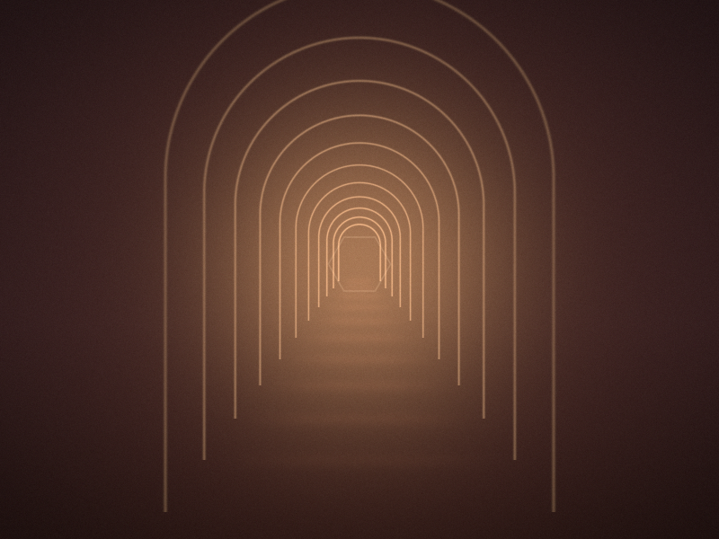 Outlines of rounded archways receding down a dim corridor toward a warm amber glow, in muted plum and terracotta tones.