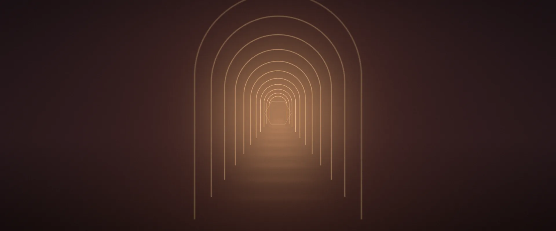 Outlines of rounded archways receding down a dim corridor toward a warm amber glow, in muted plum and terracotta tones.