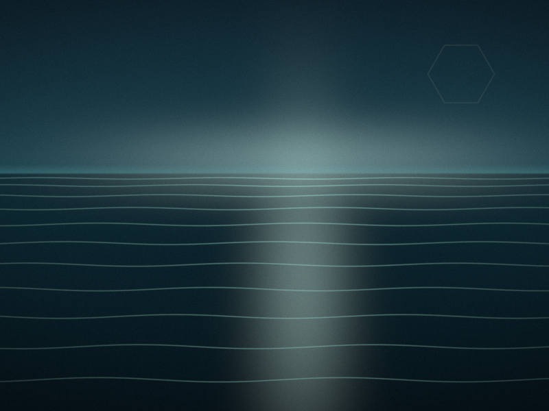 The calm surface of still teal water below a low horizon, a long pale reflection running down it.