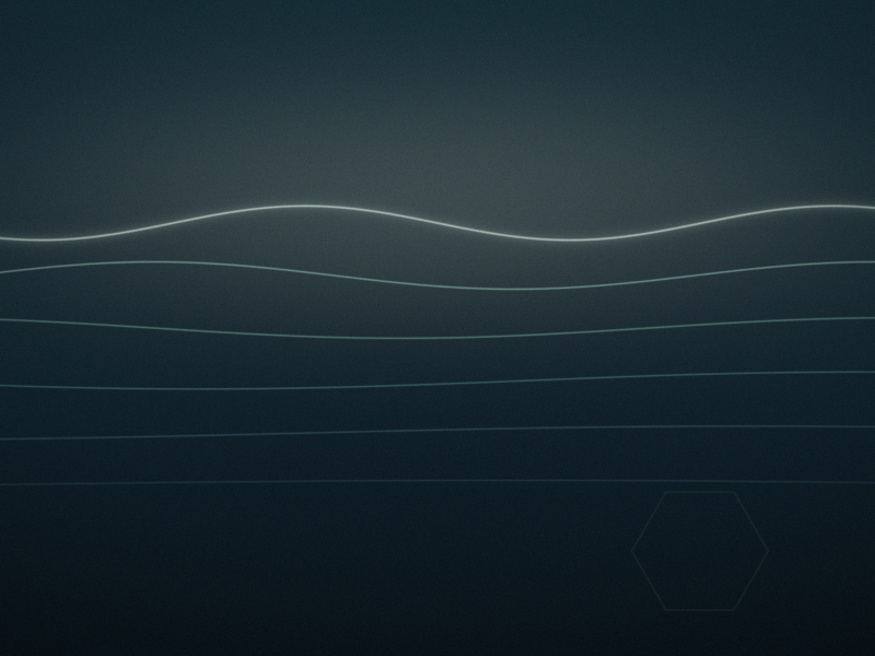 Six fine glowing wave lines in pale green and teal, calm and evenly spaced, across a deep blue-green background with a soft light above.