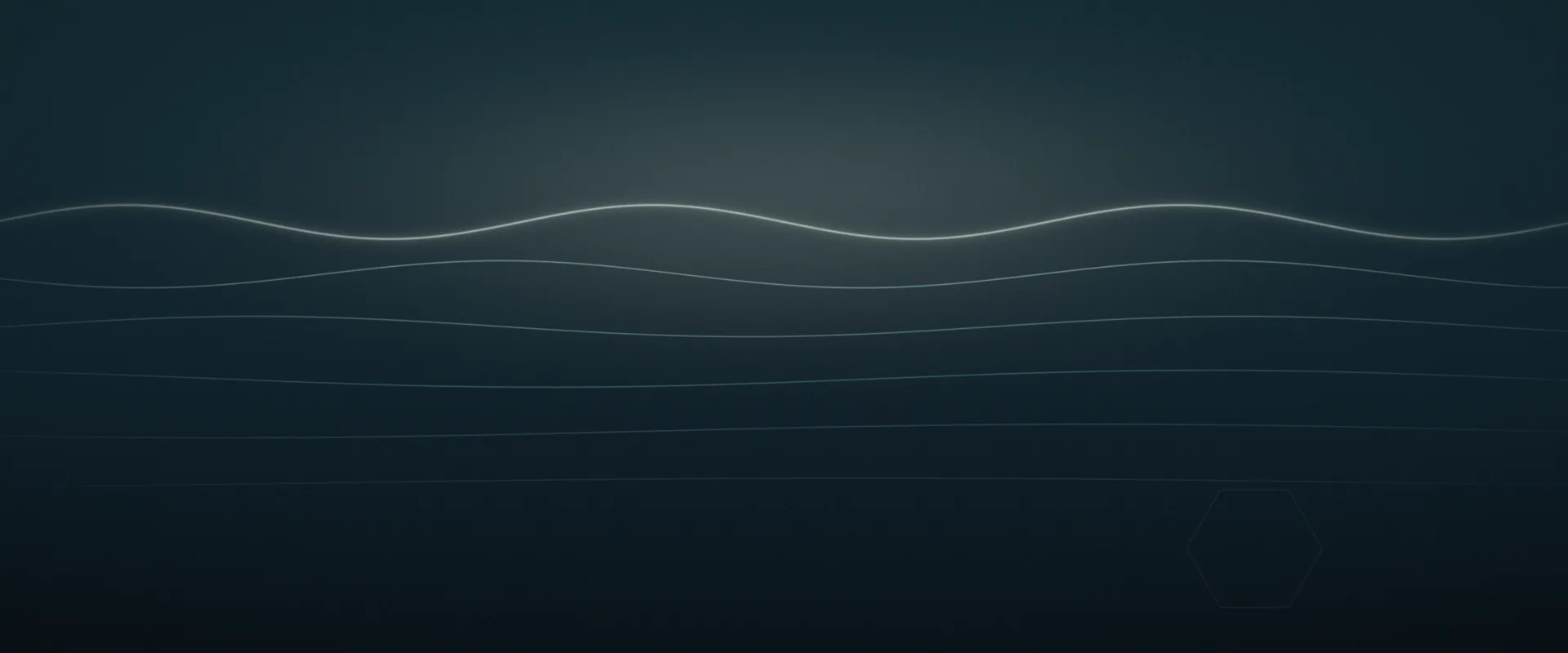 Six fine glowing wave lines in pale green and teal, calm and evenly spaced, across a deep blue-green background with a soft light above.