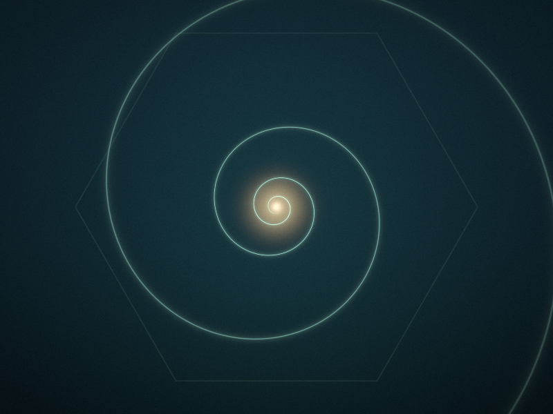A thin, softly glowing aqua spiral on a dark teal background, turning inward to a small warm golden light at its centre.