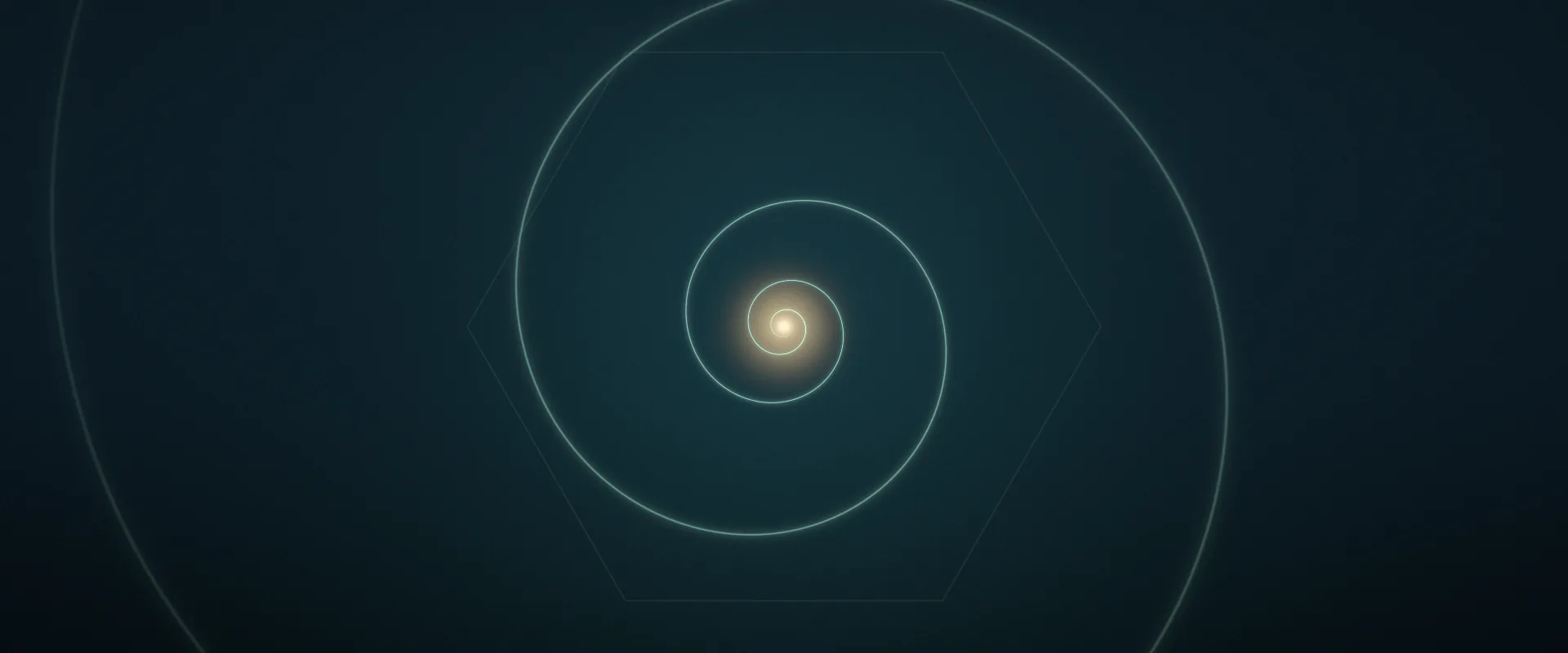 A thin, softly glowing aqua spiral on a dark teal background, turning inward to a small warm golden light at its centre.