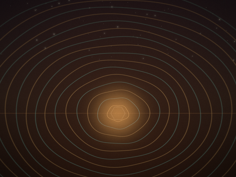 Evenly spaced glowing rings in ochre and soft green spreading outward from a warm light low in a dark, earthy scene under a few faint stars.
