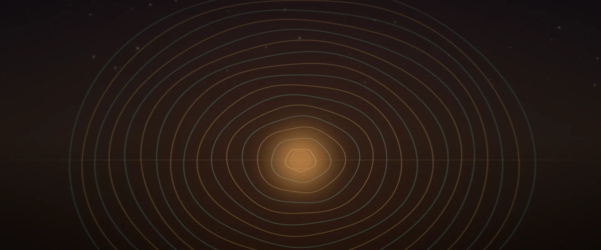 Evenly spaced glowing rings in ochre and soft green spreading outward from a warm light low in a dark, earthy scene under a few faint stars.