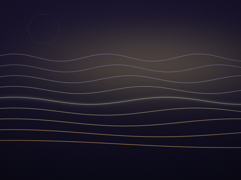 Nine thin glowing wave lines stacked across a deep indigo background, warm amber at the bottom turning to pale blue and violet at the top, with a soft light behind.