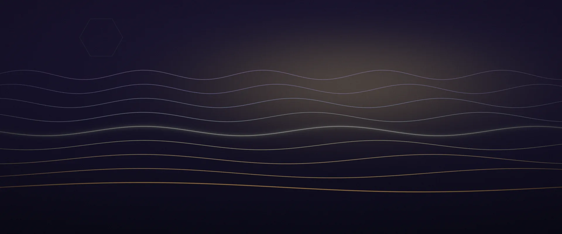 Nine thin glowing wave lines stacked across a deep indigo background, warm amber at the bottom turning to pale blue and violet at the top, with a soft light behind.