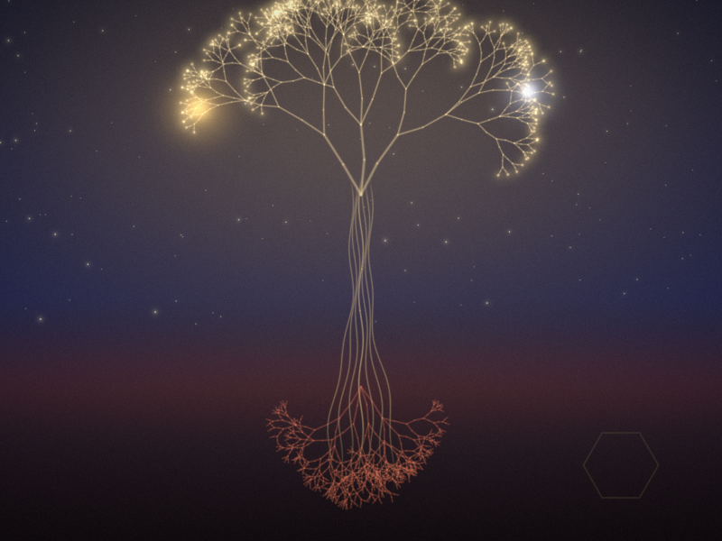 A great tree drawn in fine golden lines against a deep blue starry sky, a warm sun and a pale moon among its branches and reddish roots spreading below the horizon.
