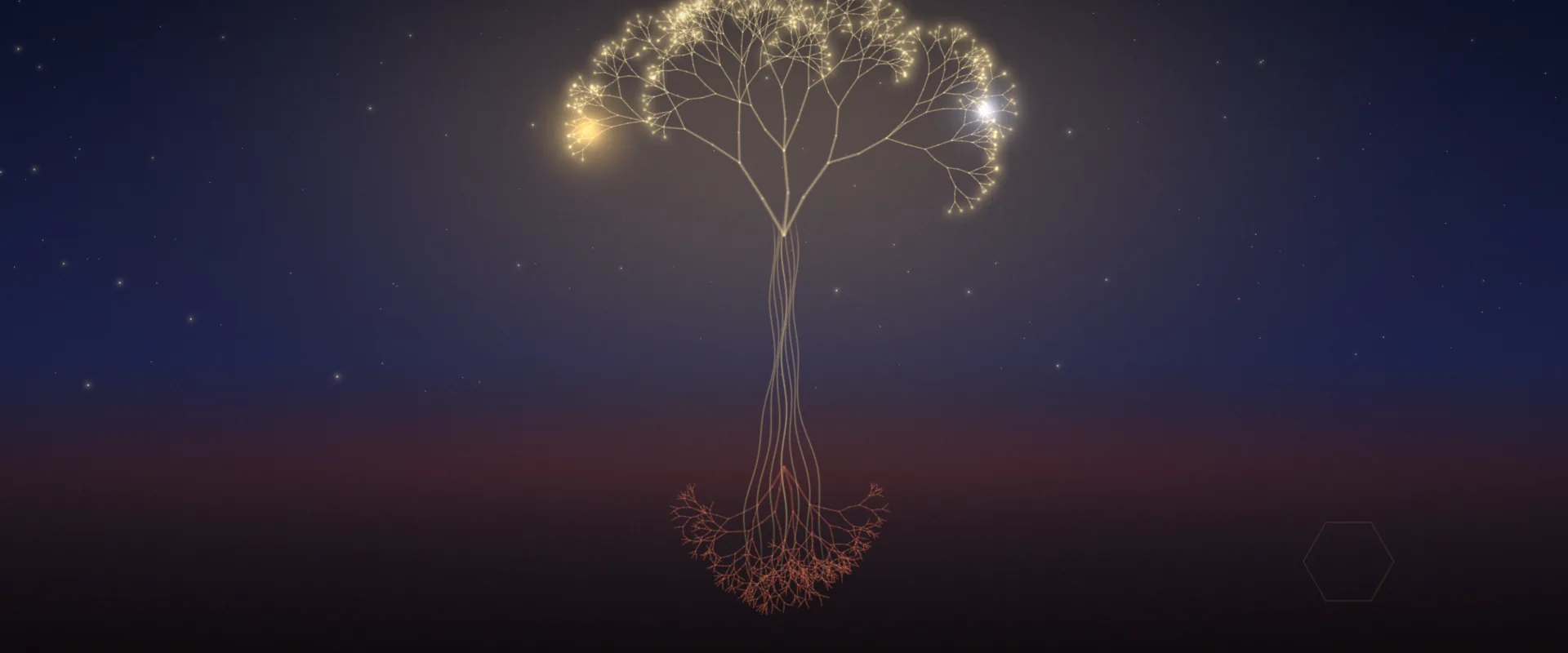 A great tree drawn in fine golden lines against a deep blue starry sky, a warm sun and a pale moon among its branches and reddish roots spreading below the horizon.