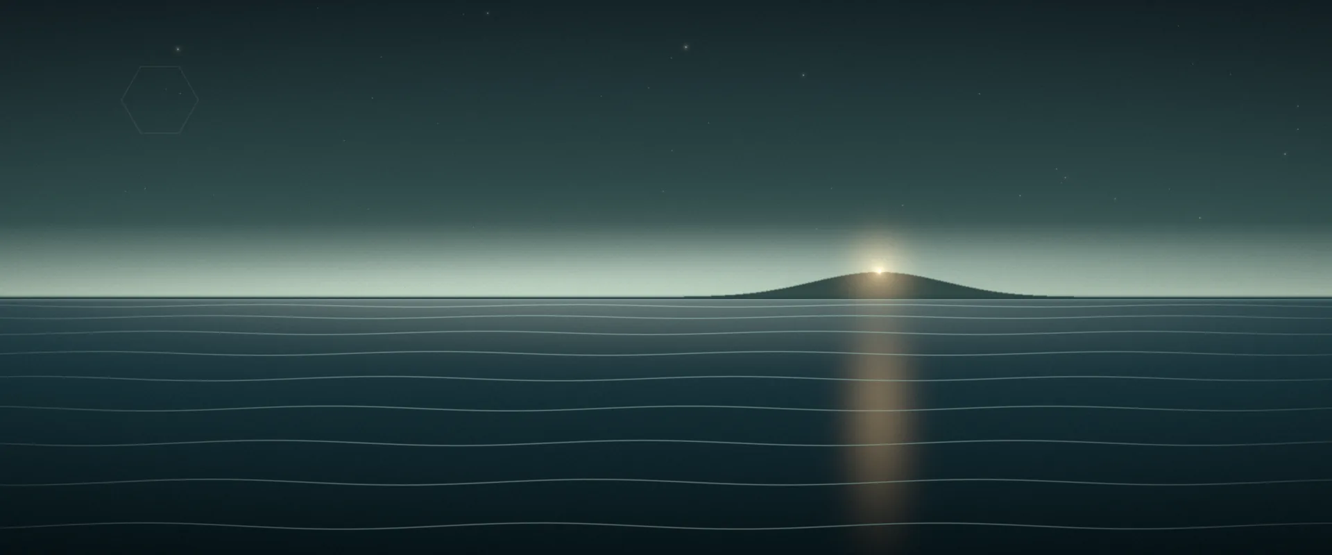 A calm grey-green sea at dusk drawn in fine lines, pale mist along the horizon and a low island far off with a single warm gold light that glows on the water.