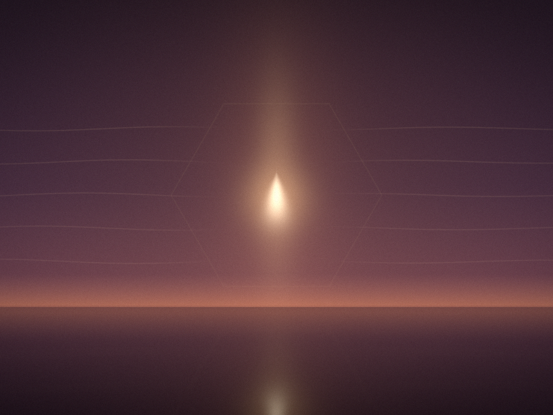 A tall, soft vertical glow of warm candle-coloured light against a violet dusk sky, above a faint ember-orange horizon and dark still water.
