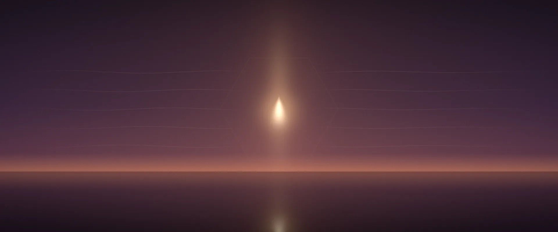 A tall, soft vertical glow of warm candle-coloured light against a violet dusk sky, above a faint ember-orange horizon and dark still water.