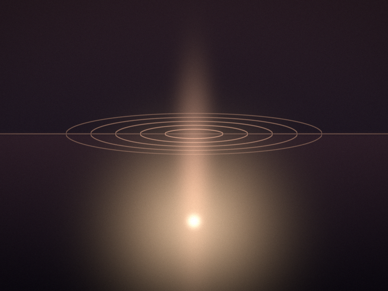 A warm light sinking below a calm surface, a soft trail above it and quiet rings left on the water.