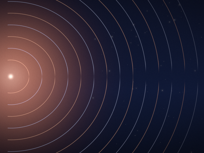 Arcs of coral and pale blue light spreading right from a small steady glow on the left edge of a night-blue ground.