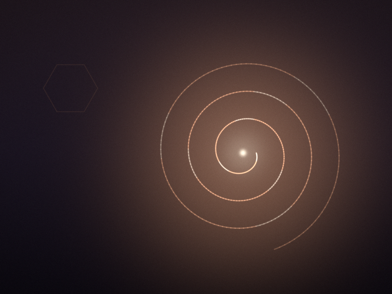 A slow spiral of fine amber lines winding in to a small warm centre, right of centre on a dark plum ground.