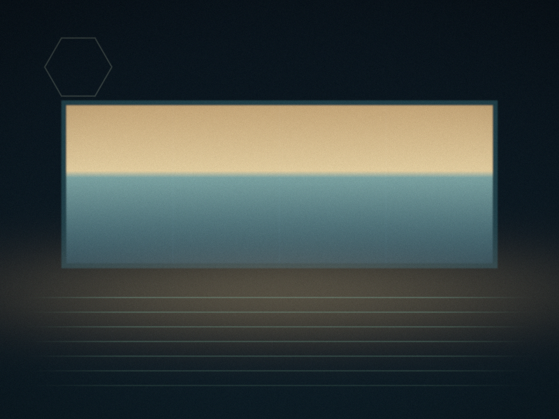 A wide window in a dark teal wall, its glass pale gold above a low horizon, divided by thin bars, with fine level lines of light below.