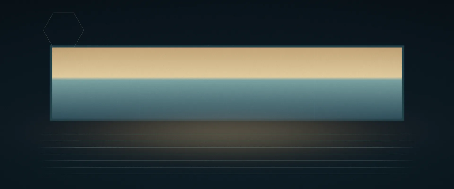 A wide window in a dark teal wall, its glass pale gold above a low horizon, divided by thin bars, with fine level lines of light below.