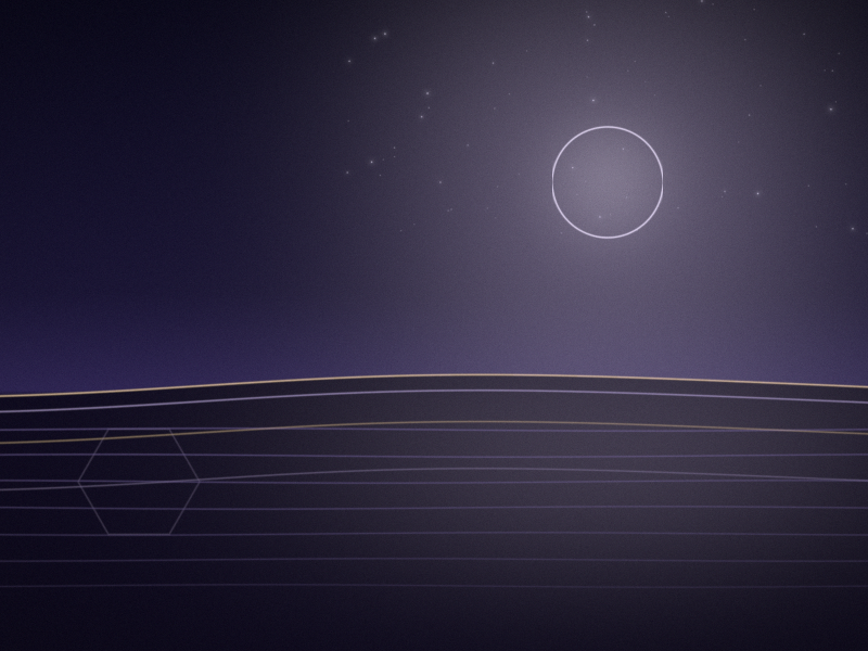 A long low hill line under a deep violet night sky, a thin pale full moon above it and fine lilac lines of light on the dark ground below.